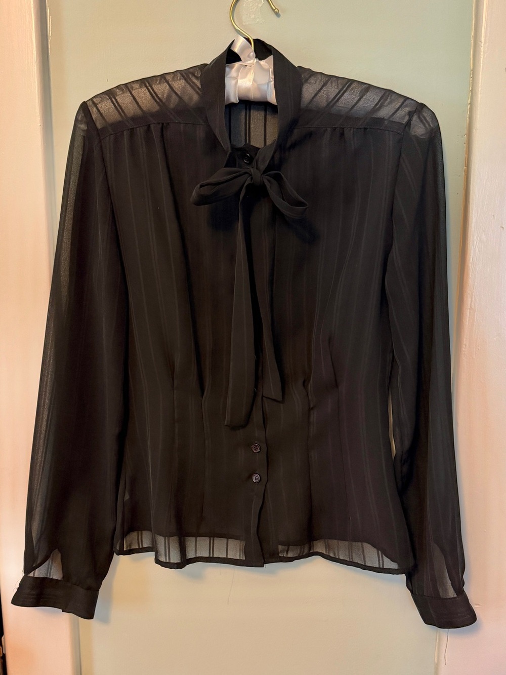 🌹 Sheer Black Tie-Neck Blouse - Women's Top, size 5 #0100
